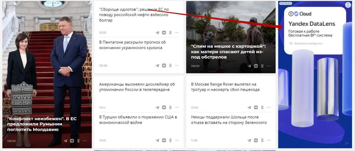 Рекламная Сеть Яндекса на сайте РИА Новости